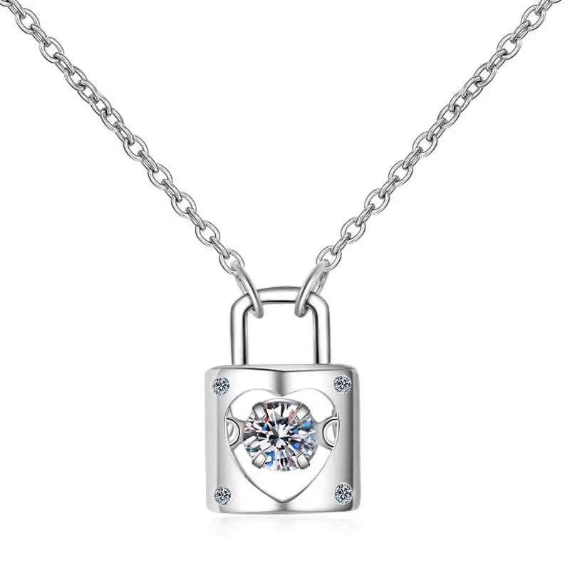 Sterling Silver Moissanite Heart Lock Charm Necklace - LECCE
