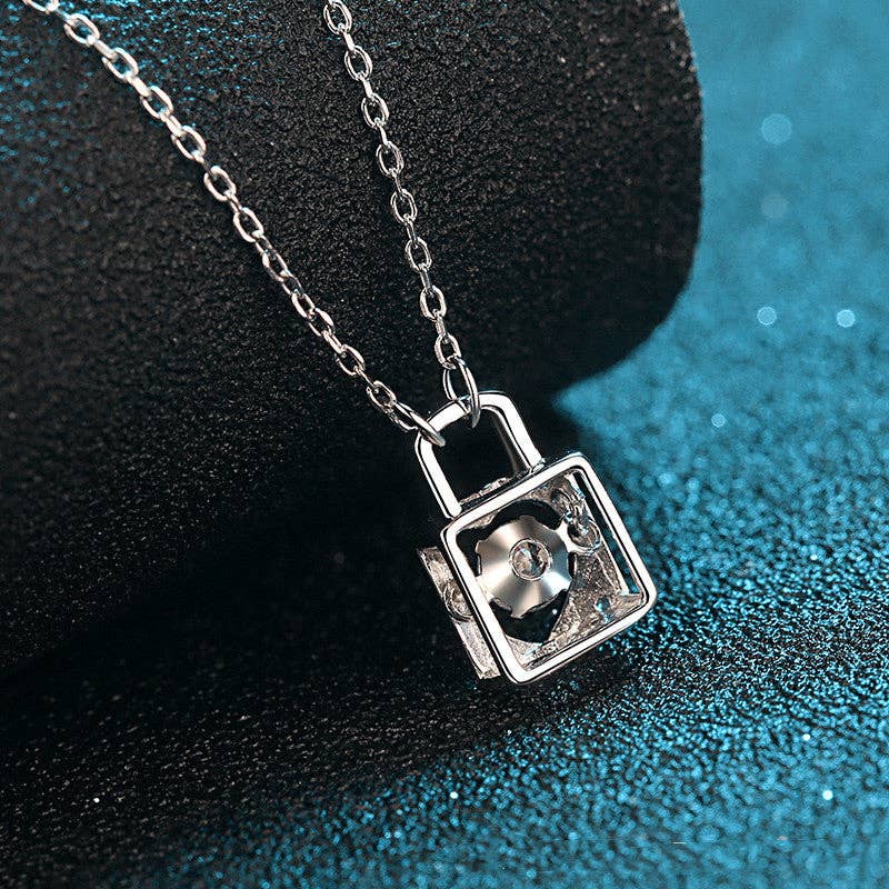 Sterling Silver Moissanite Heart Lock Charm Necklace - LECCE