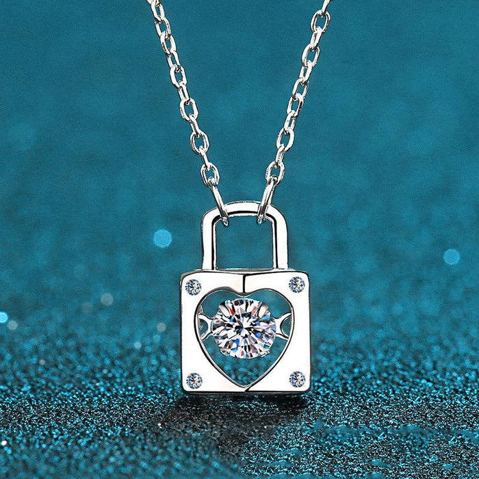 Sterling Silver Moissanite Heart Lock Charm Necklace - LECCE