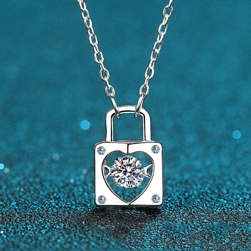 Sterling Silver Moissanite Heart Lock Charm Necklace - LECCE