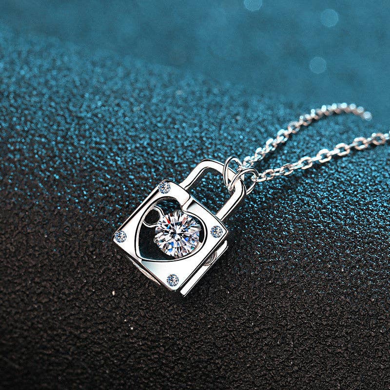 Sterling Silver Moissanite Heart Lock Charm Necklace - LECCE