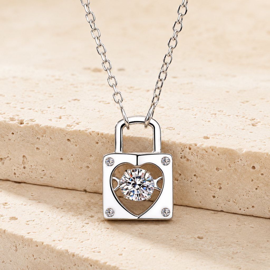 Sterling Silver Moissanite Heart Lock Charm Necklace