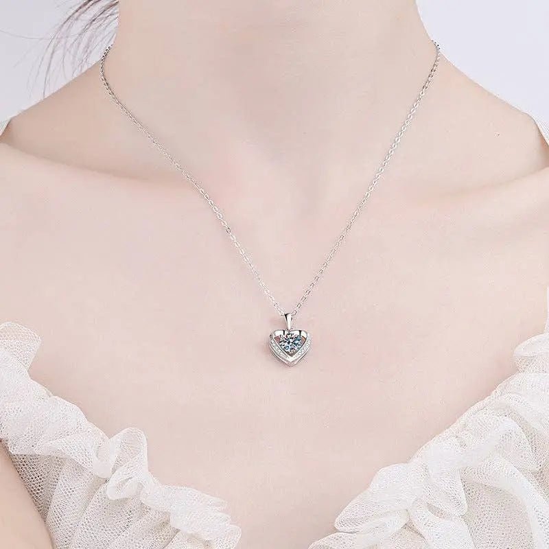 Sterling Silver Moissanite Heart Pendant Necklace - LECCE