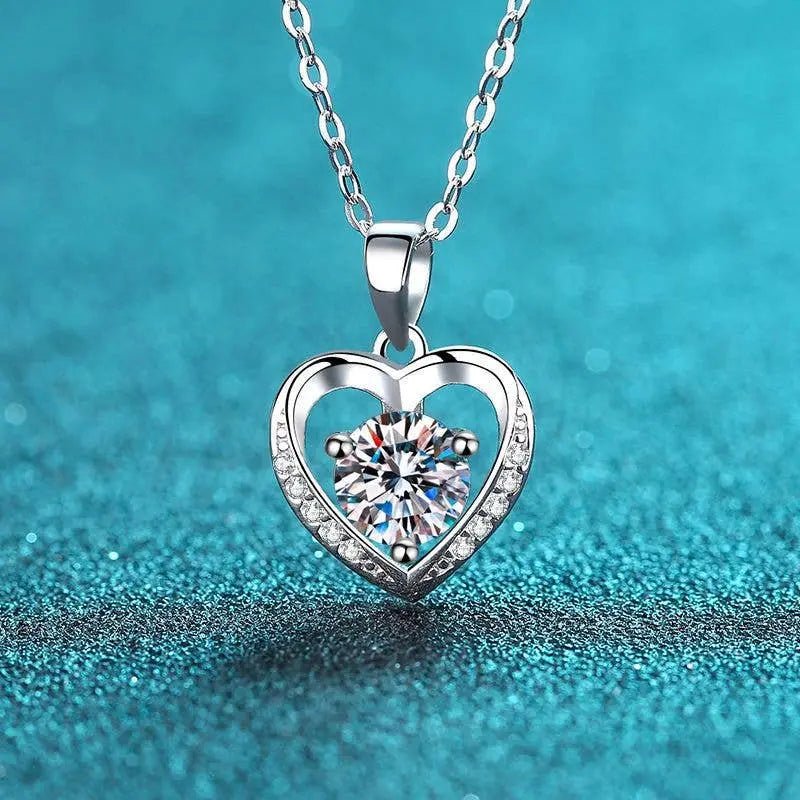 Sterling Silver Moissanite Heart Pendant Necklace - LECCE