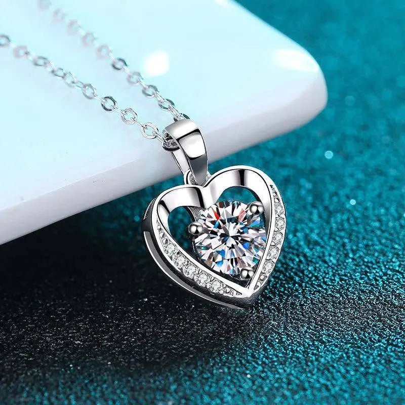 Sterling Silver Moissanite Heart Pendant Necklace - LECCE