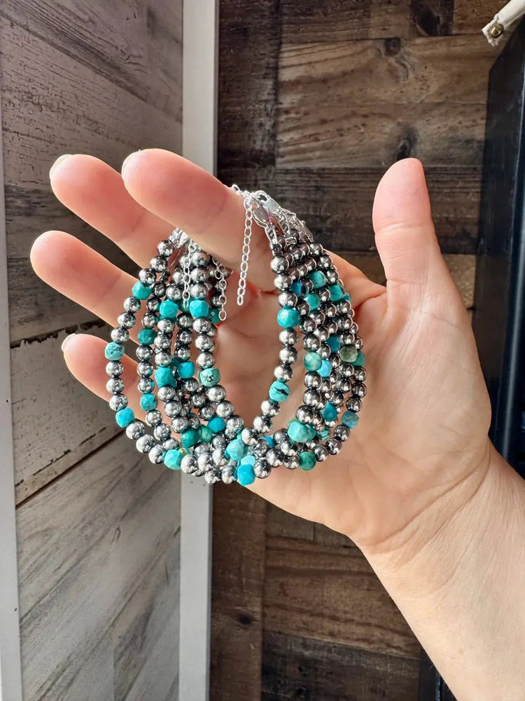 Sterling Silver Pearl & Faceted Turquoise Bracelet - LECCE