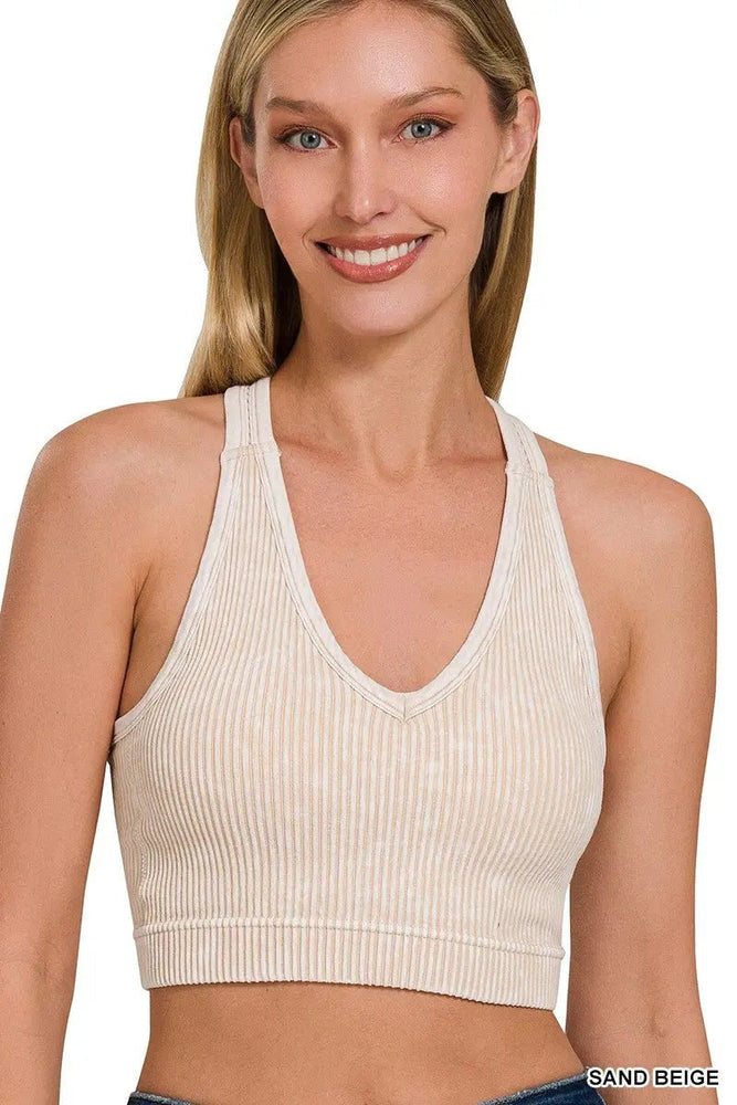 Stone Washed Seamless Racerback Tank Top with Bra Pads - LECCE