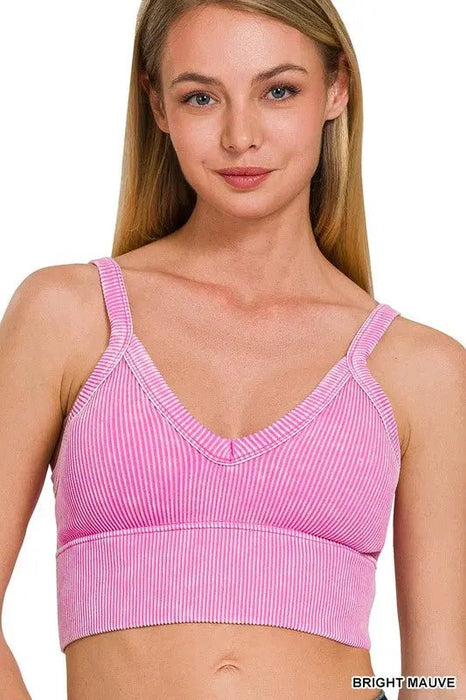 Stone Washed V Neck Seamless Cropped Bra Top - LECCE