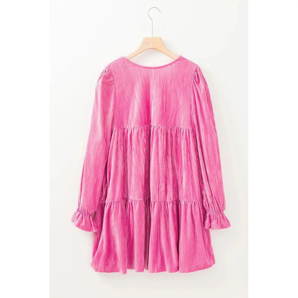 Strawberry Pink Long Sleeve Ruffled Velvet Mini Dress