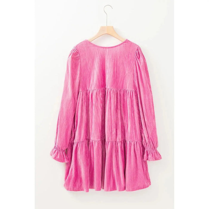 Strawberry Pink Long Sleeve Ruffled Velvet Mini Dress - LECCE