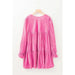 Strawberry Pink Long Sleeve Ruffled Velvet Mini Dress - LECCE