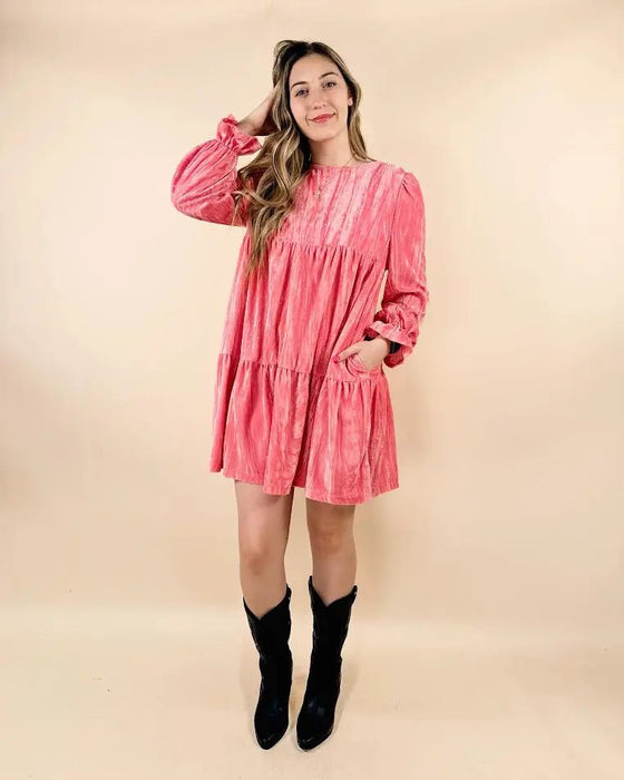 Strawberry Pink Long Sleeve Ruffled Velvet Mini Dress - LECCE