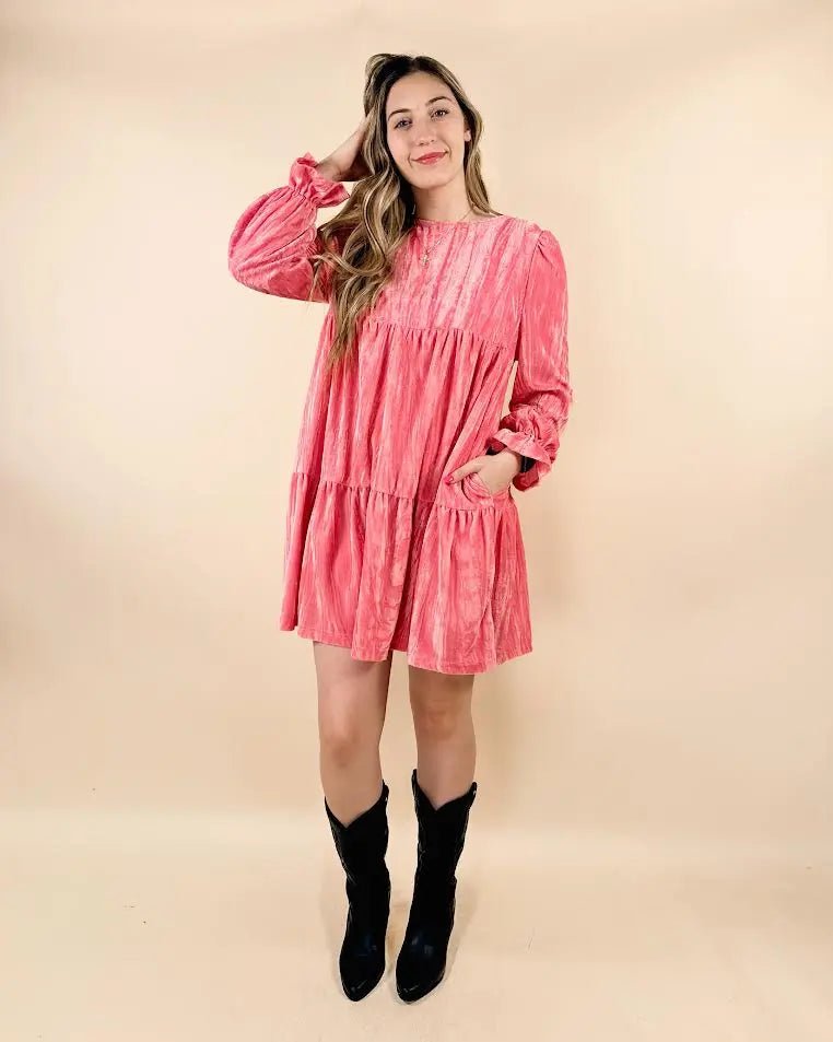 Strawberry Pink Long Sleeve Ruffled Velvet Mini Dress