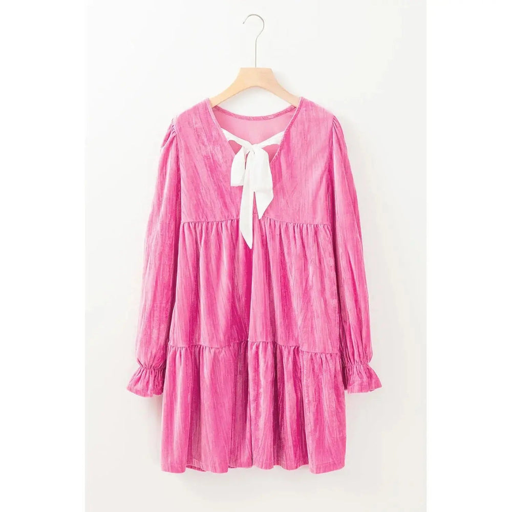Strawberry Pink Long Sleeve Ruffled Velvet Mini Dress - LECCE