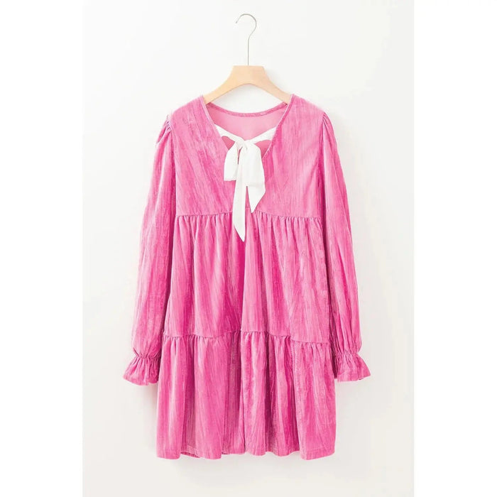 Strawberry Pink Long Sleeve Ruffled Velvet Mini Dress - LECCE