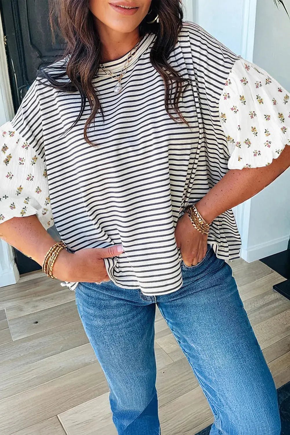 Striped & Floral Patchwork Blouse
