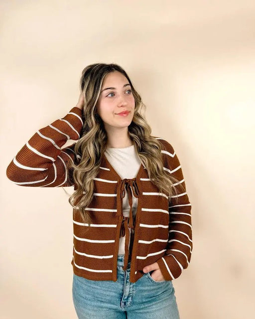 Striped Front Tie V Neck Cardigan - LECCE