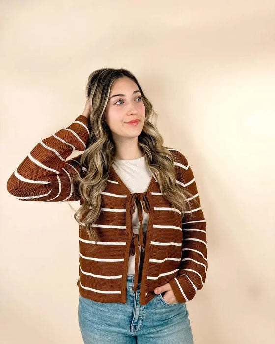 Striped Front Tie V Neck Cardigan - LECCE