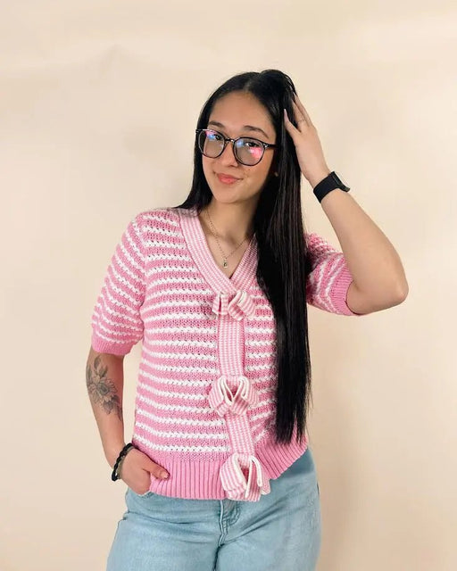 Striped Short Sleeve Bow Knot Sweater - LECCE