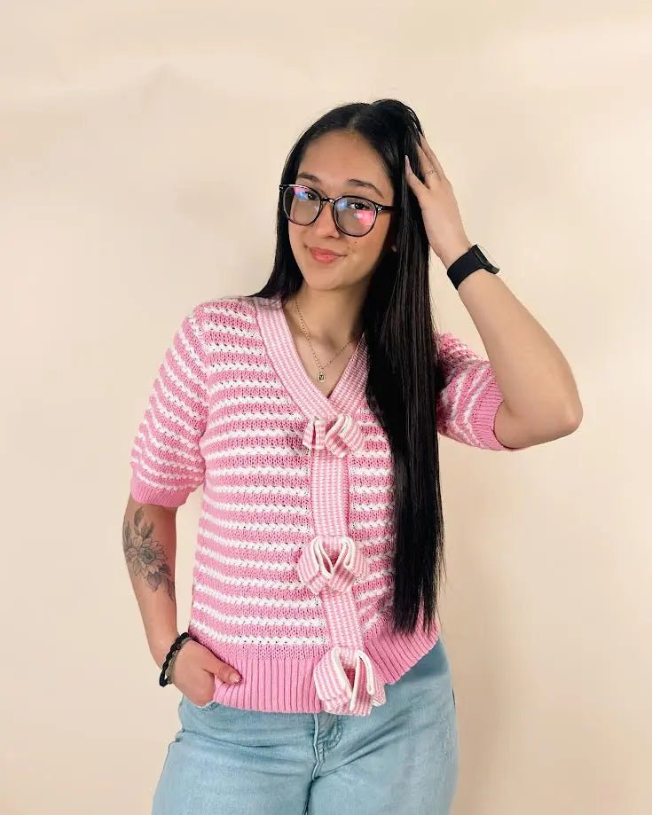 Striped Short Sleeve Bow Knot Sweater