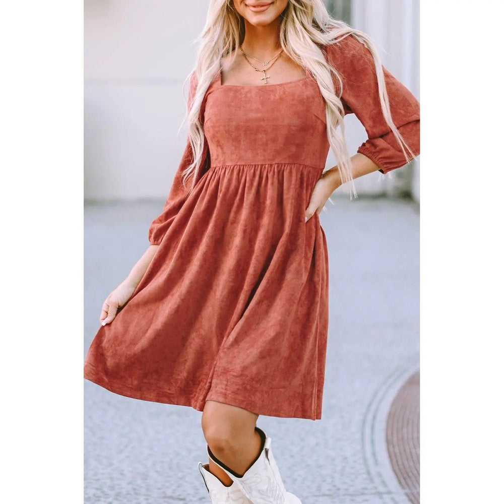 Suede Square Neck Puff Sleeve Dress - LECCE
