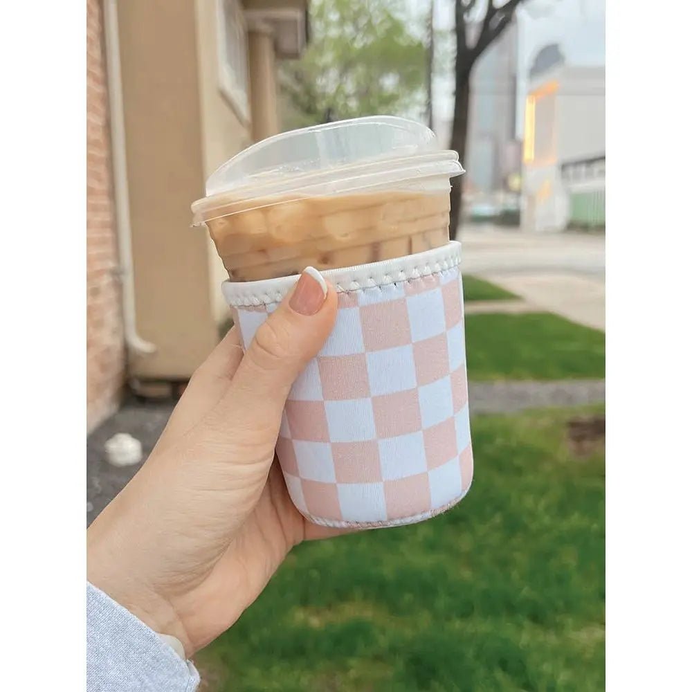 Tan Checkered Iced Coffee Sleeve/Koozie - 16oz