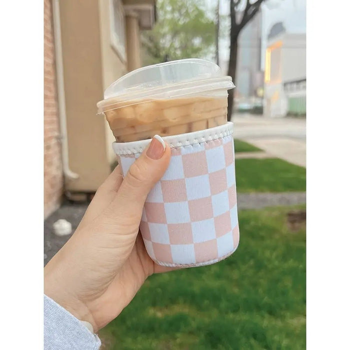 Tan Checkered Iced Coffee Sleeve/Koozie - 16oz - LECCE