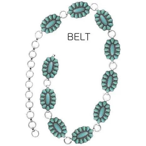 Texture Western Concho Flower Gem Stone Chain Belt - LECCE