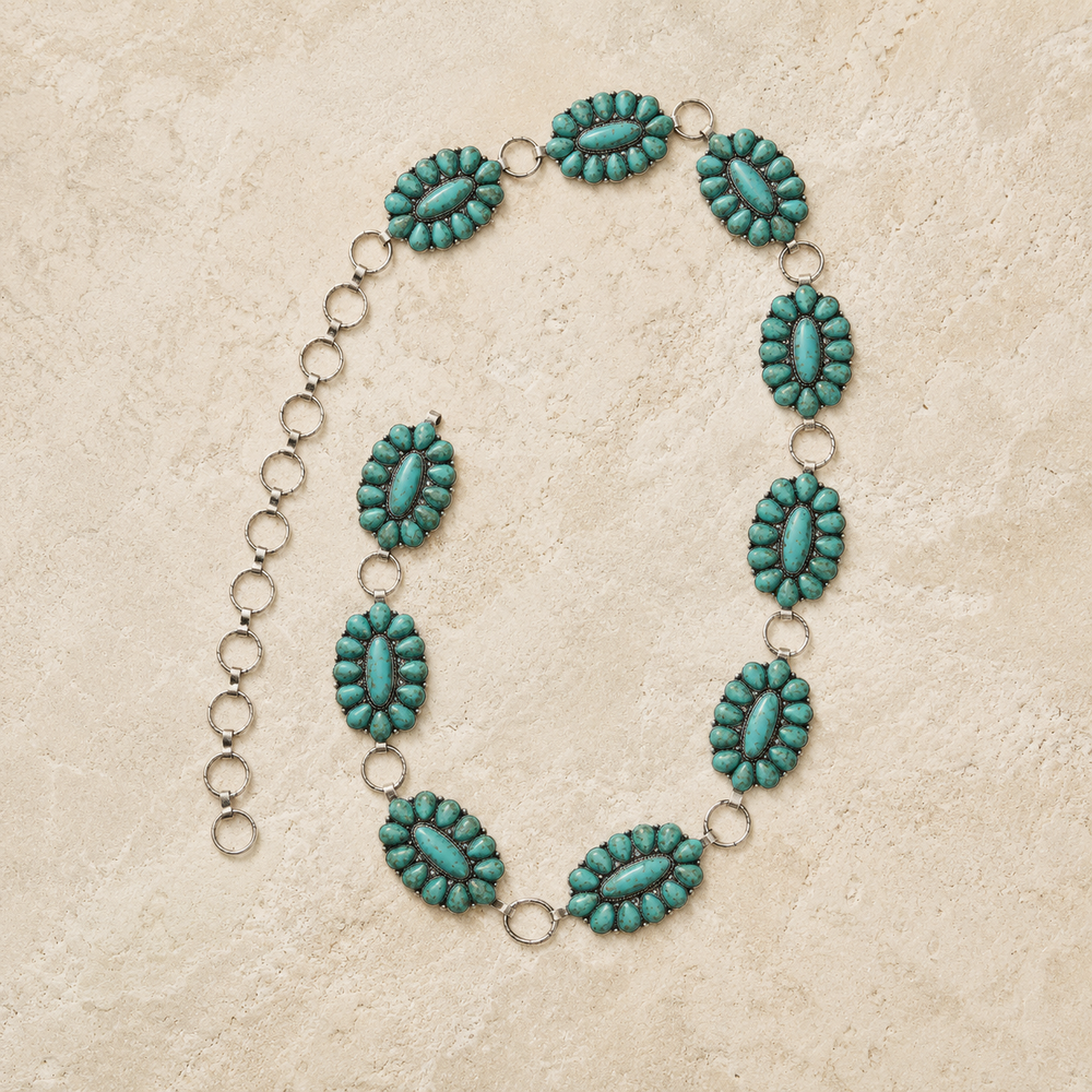 Texture Western Concho Flower Gem Stone Chain Belt on cream stone
