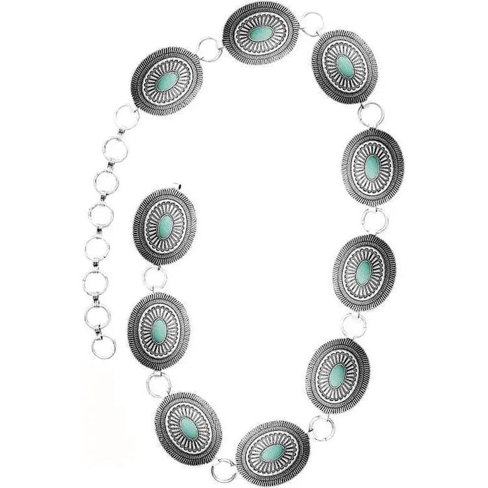 Texture Western Concho Oval Gem Stone Chain Belt - LECCE