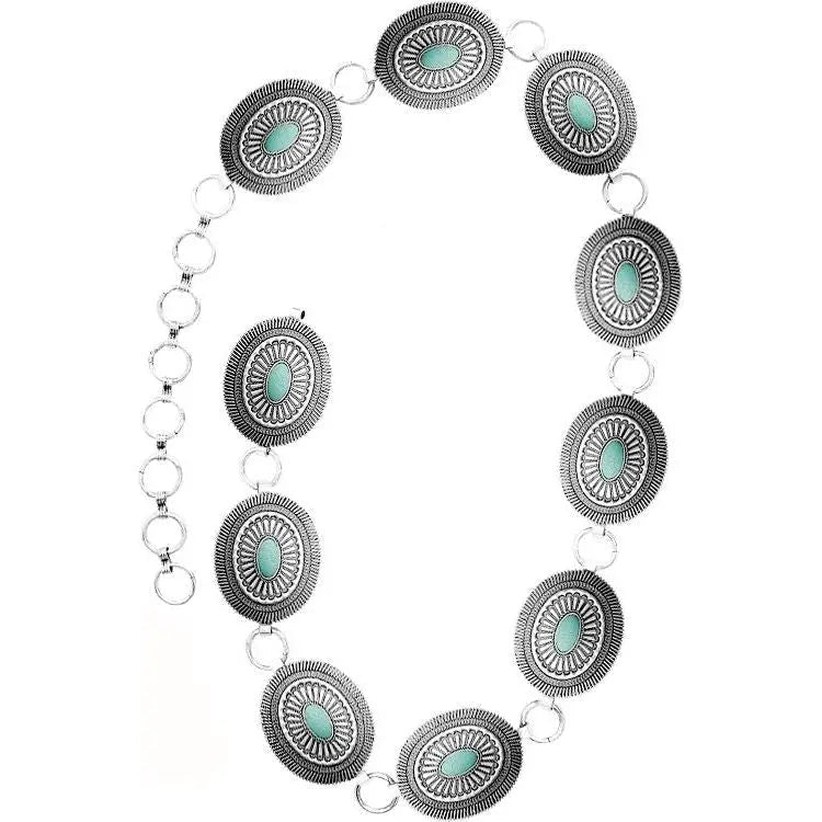 Texture Western Concho Oval Gem Stone Chain Belt - LECCE