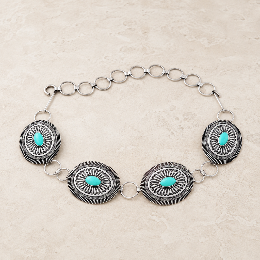 Texture Western Concho Oval Gem Stone Chain Belt