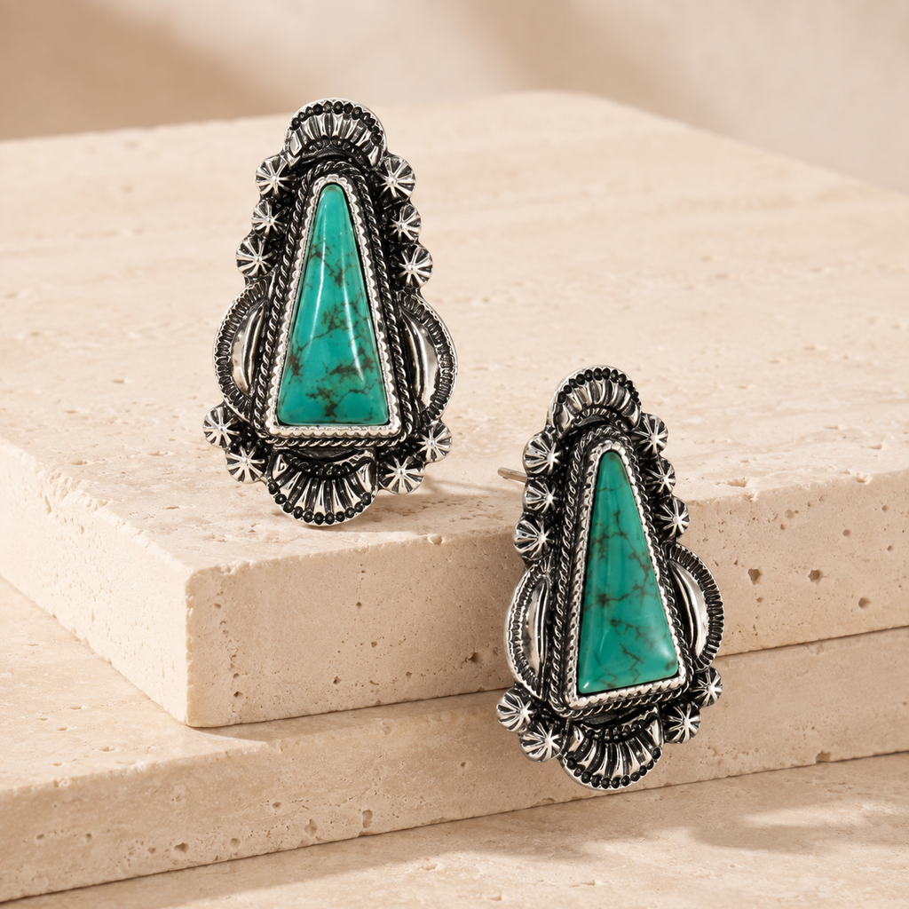 Textured Gemstone Triangular Stud Earring