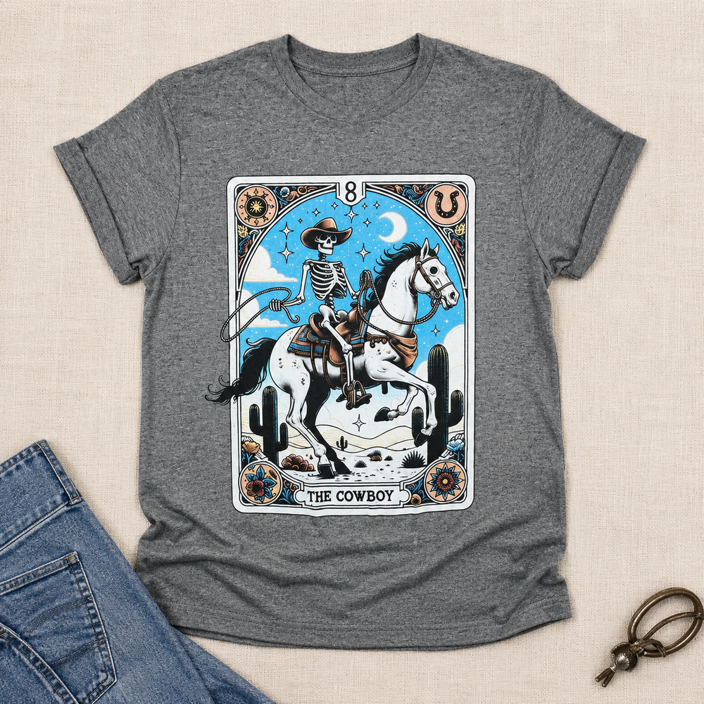 The Cowboy Tarot Card T-shirt flat lay