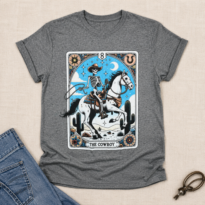The Cowboy Tarot Card T-shirt flat lay