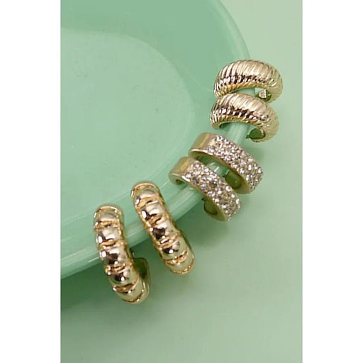 Trio Rhinestone Textured Huggie Hoop Earrings - LECCE