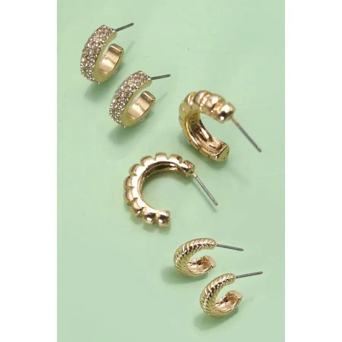 Trio Rhinestone Textured Huggie Hoop Earrings - LECCE