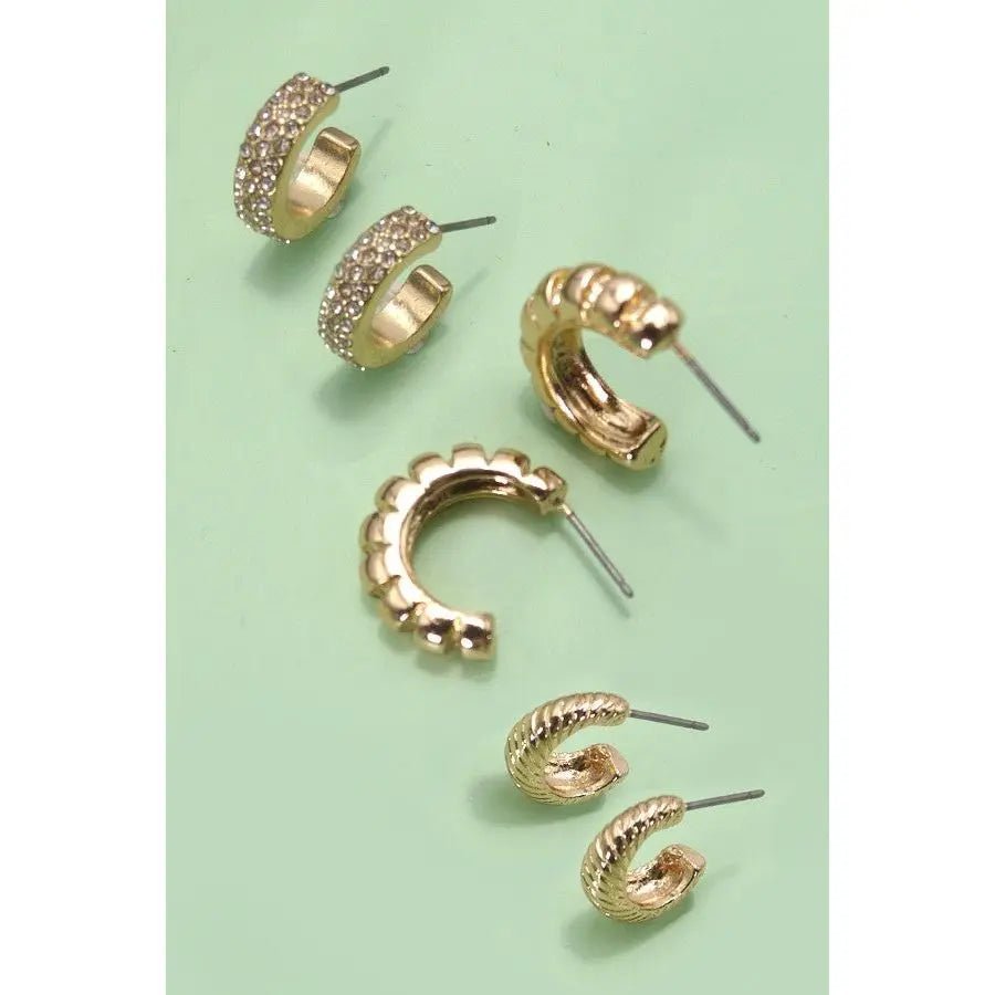 Trio Rhinestone Textured Huggie Hoop Earrings