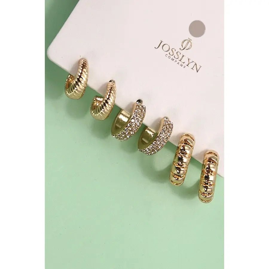 Trio Rhinestone Textured Huggie Hoop Earrings - LECCE