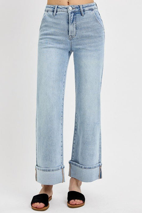 Tummy Control High Rise Ankle Wide Cuffed Jeans - LECCE