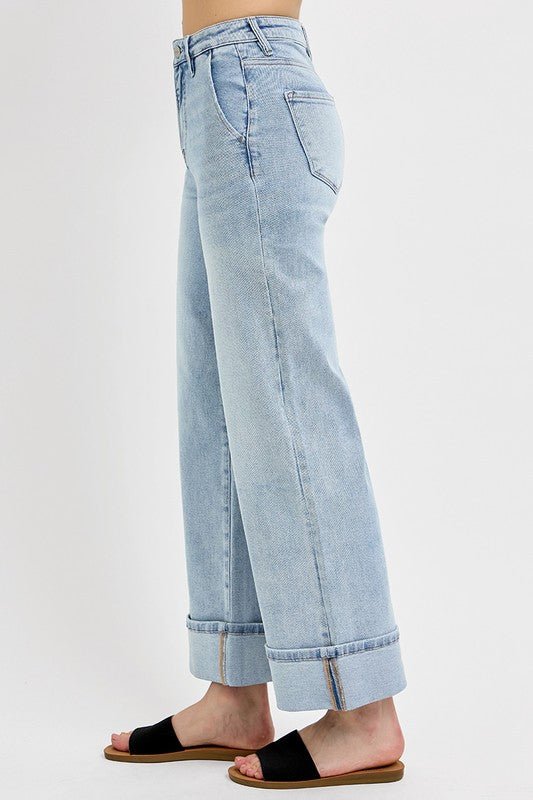 Tummy Control High Rise Ankle Wide Cuffed Jeans - LECCE