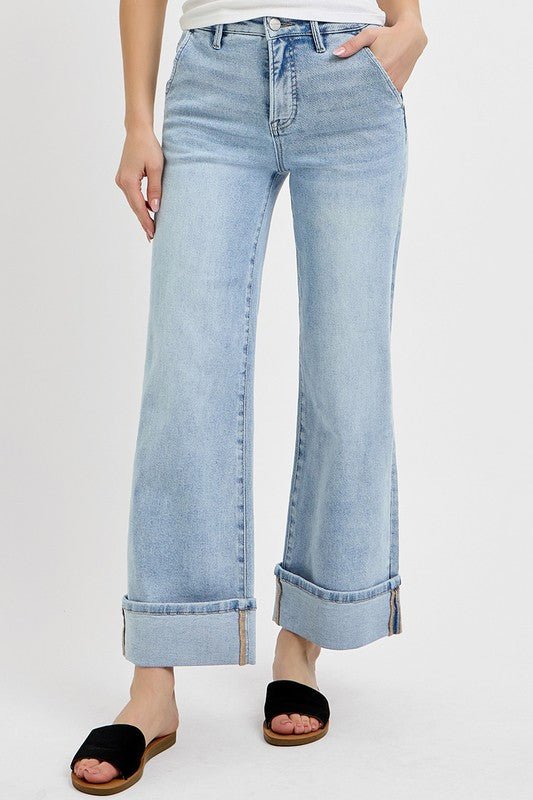 Tummy Control High Rise Ankle Wide Cuffed Jeans - LECCE