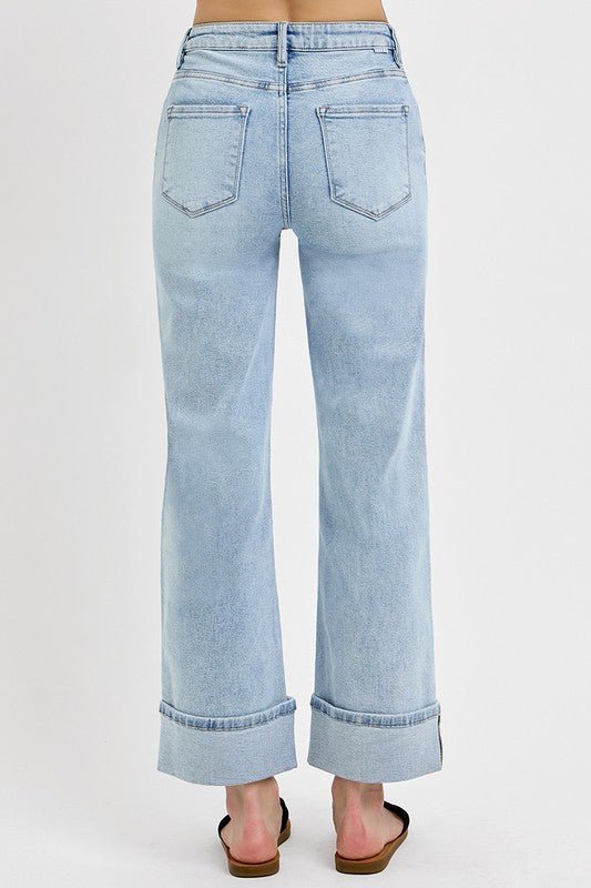 Tummy Control High Rise Ankle Wide Cuffed Jeans - LECCE
