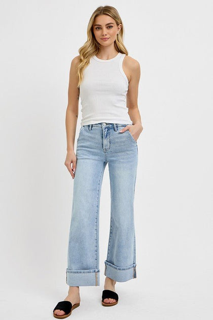 Tummy Control High Rise Ankle Wide Cuffed Jeans
