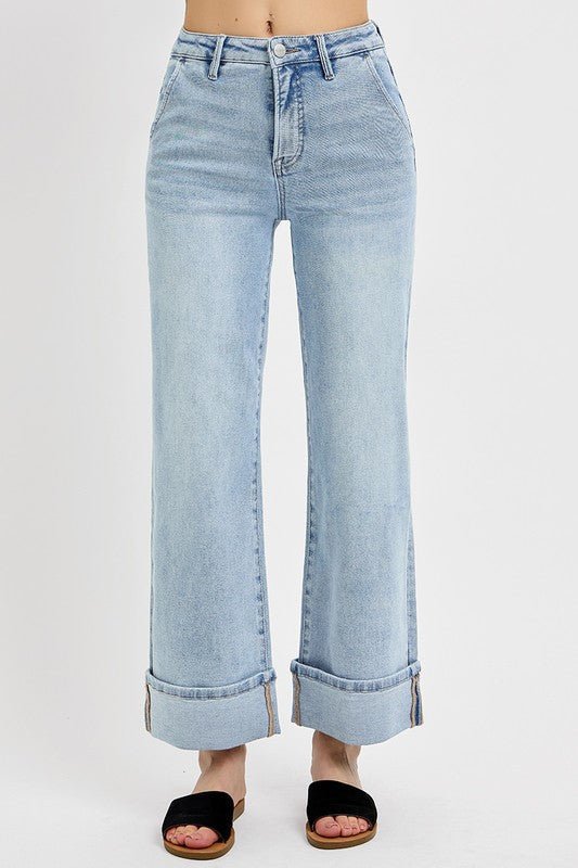 Tummy Control High Rise Ankle Wide Cuffed Jeans