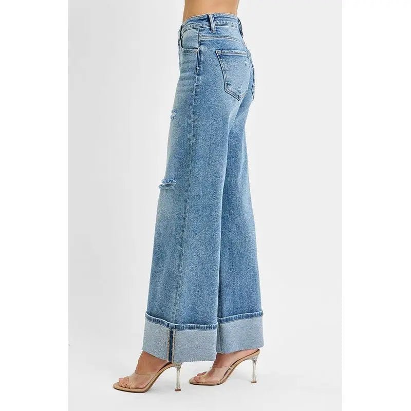 Tummy Control Mid Rise Wide Cuffed Jeans - LECCE