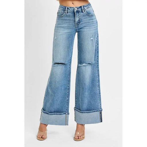 Tummy Control Mid Rise Wide Cuffed Jeans - LECCE