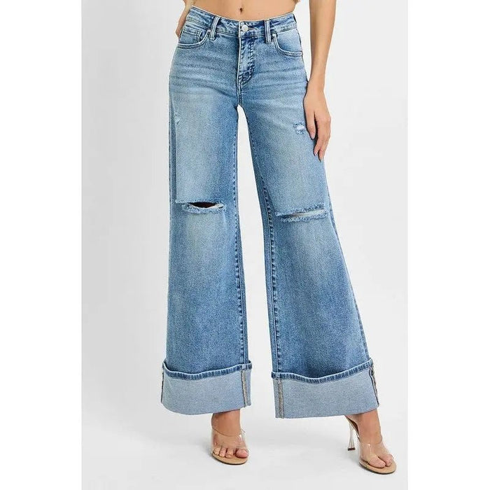 Tummy Control Mid Rise Wide Cuffed Jeans - LECCE