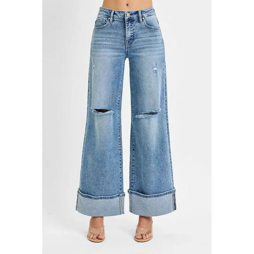Tummy Control Mid Rise Wide Cuffed Jeans - LECCE