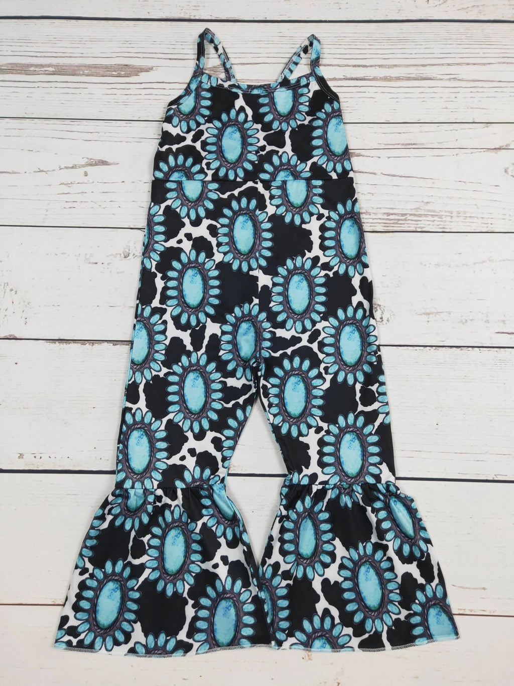 Turquoise Cow Printed Baby Girls Jumpsuit